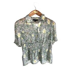 Alfani Size 12 Floral Sheer Polyester Blouse Button Front Ruffle Frill Flaredtop